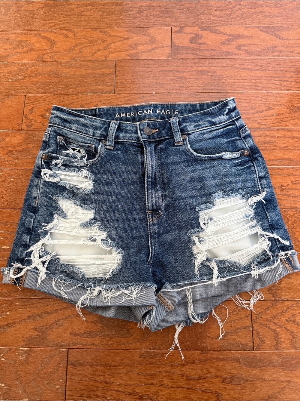 American Eagle Outfitters Dark Blue Distressed High-Rise Denim Shorts